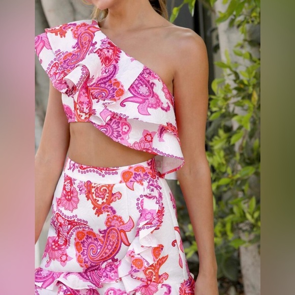 NWOT Two-Piece Ruffle Crop Top & Mini Skirt Set – Pink Paisley Print Size L - Picture 3 of 12